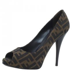 Pre Owned Fendi Tobacco Zucca Canvas Peep Toe Pumps Size 40