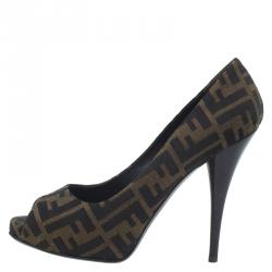 Pre Owned Fendi Tobacco Zucca Canvas Peep Toe Pumps Size 40