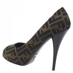 Pre Owned Fendi Tobacco Zucca Canvas Peep Toe Pumps Size 40