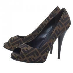 Pre Owned Fendi Tobacco Zucca Canvas Peep Toe Pumps Size 40