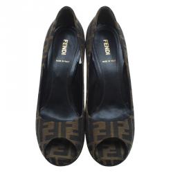 Pre Owned Fendi Tobacco Zucca Canvas Peep Toe Pumps Size 40
