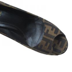 Pre Owned Fendi Tobacco Zucca Canvas Peep Toe Pumps Size 40