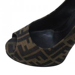 Pre Owned Fendi Tobacco Zucca Canvas Peep Toe Pumps Size 40
