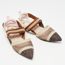 Pre Owned Fendi Tricolor Zucca Mesh and Leather Colibri Slingback Flats Size 38.5