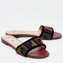 Pre Owned Fendi Multicolor Velvet FF Logo Flat Slides Size 39