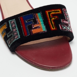 Pre Owned Fendi Multicolor Velvet FF Logo Flat Slides Size 39