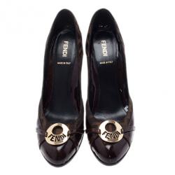 مملوكة مسبقًا Fendi Brown Patent Leather and Canvas Logo Plate Wedge Pumps Size 38.5