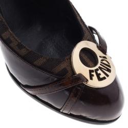 مملوكة مسبقًا Fendi Brown Patent Leather and Canvas Logo Plate Wedge Pumps Size 38.5
