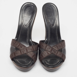 Fendi Brown/Black Canvas and Leather Slide Sandals Size 37
