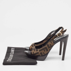 Fendi Brown Zucca Canvas Fendista Peep Toe Slingback Pumps Size 37