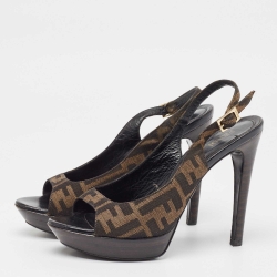 Fendi Brown Zucca Canvas Fendista Peep Toe Slingback Pumps Size 37