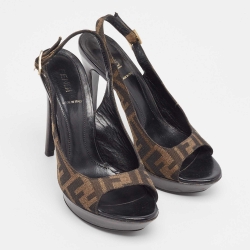 Fendi Brown Zucca Canvas Fendista Peep Toe Slingback Pumps Size 37