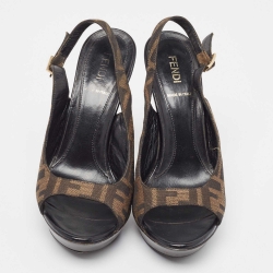 Fendi Brown Zucca Canvas Fendista Peep Toe Slingback Pumps Size 37
