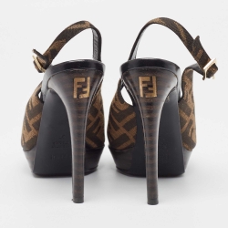 Fendi Brown Zucca Canvas Fendista Peep Toe Slingback Pumps Size 37