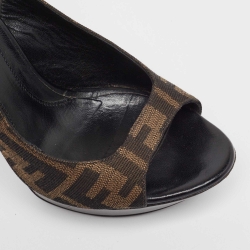 Fendi Brown Zucca Canvas Fendista Peep Toe Slingback Pumps Size 37
