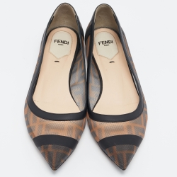 Pre Owned Fendi Brown/Black Zucca Mesh and Leather Colibri Ballet Flats Size 36.5