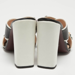 Pre Owned Fendi Black/White Leather Flowerland Slide Sandals Size 38.5