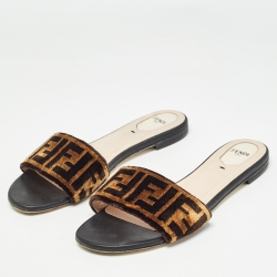 Pre Owned Fendi Brown Zucca Velvet Flat Slides Size 40