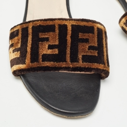 Pre Owned Fendi Brown Zucca Velvet Flat Slides Size 40
