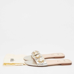 Pre Owned Fendi Silver Leather Flowerland Flat Slides Size 40