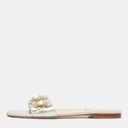 Pre Owned Fendi Silver Leather Flowerland Flat Slides Size 40