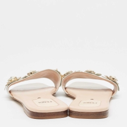 Pre Owned Fendi Silver Leather Flowerland Flat Slides Size 40