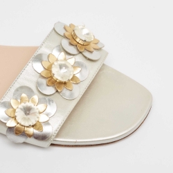 Pre Owned Fendi Silver Leather Flowerland Flat Slides Size 40