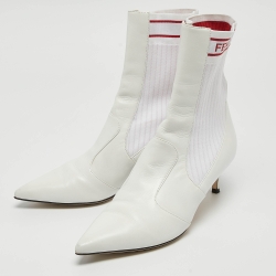 Fendi White Leather and Knit Fabric Kitten Heel Sock Boots Size 38