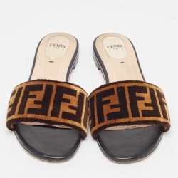 Pre Owned Fendi Brown Zucca Velvet Flat Slides Size 39