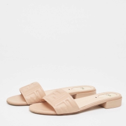Pre Owned Fendi Dusty Pink FF Embossed Leather Flat Slides Size 39.5