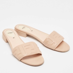 Pre Owned Fendi Dusty Pink FF Embossed Leather Flat Slides Size 39.5