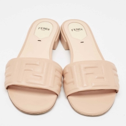 Pre Owned Fendi Dusty Pink FF Embossed Leather Flat Slides Size 39.5