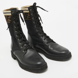 Pre Owned Fendi Black Leather and Zucca Stretch Fabric Rockoko Combat Boots Size 41