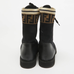 Pre Owned Fendi Black Leather and Zucca Stretch Fabric Rockoko Combat Boots Size 41
