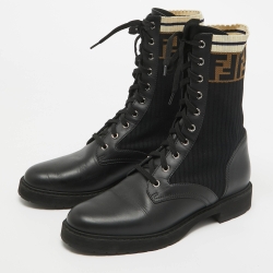 Pre Owned Fendi Black Leather and Zucca Stretch Fabric Rockoko Combat Boots Size 41