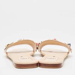 Pre Owned Fendi Beige Patent Leather Flowerland Flat Slides Size 38