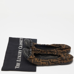 Pre Owned Fendi Tobacco Zucca Canvas and Lizard Embossed Leather Cap Toe Scrunch Ballet Flats Size 39