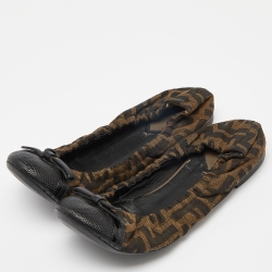 Pre Owned Fendi Tobacco Zucca Canvas and Lizard Embossed Leather Cap Toe Scrunch Ballet Flats Size 39