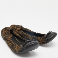 Pre Owned Fendi Tobacco Zucca Canvas and Lizard Embossed Leather Cap Toe Scrunch Ballet Flats Size 39