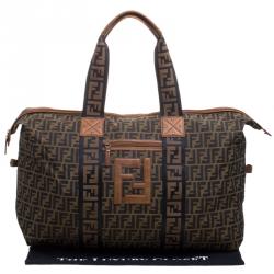 Pre Owned Fendi Brown Zucca Canvas Carryall Weekender Traveling Bag