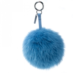 Pre Owned Fendi Blue Pompom Fur and Leather Bag Charm