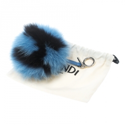 Pre Owned Fendi Blue Pompom Fur and Leather Bag Charm