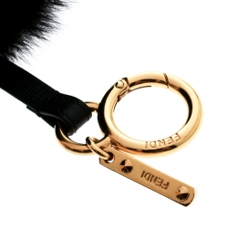 Pre Owned Fendi Black Pompom Fur Leather Gold Tone Bag Charm