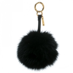 Pre Owned Fendi Black Pompom Fur Leather Gold Tone Bag Charm