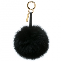 Pre Owned Fendi Black Pompom Fur Leather Gold Tone Bag Charm