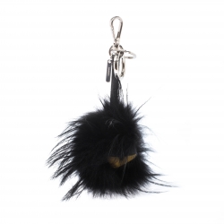 Pre Owned Fendi Bag Bug Yellow Eyes Black Fur Leather Key Chain / Bag Charm 