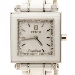 Pre Owned Fendi White Ceramic And Stainless Steel Quadro Women's Wristwatch 25 mm