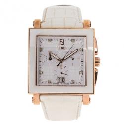 Pre Owned Fendi White Rose Gold Plated Steel Ceramic Quadro 6500G Women's Wristwatch 39 mm