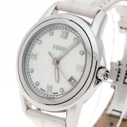 Pre Owned Fendi White Mother of Pearl Stainless Steel Selleria Women's Wristwatch 37 mm