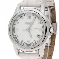 Pre Owned Fendi White Mother of Pearl Stainless Steel Selleria Women's Wristwatch 37 mm